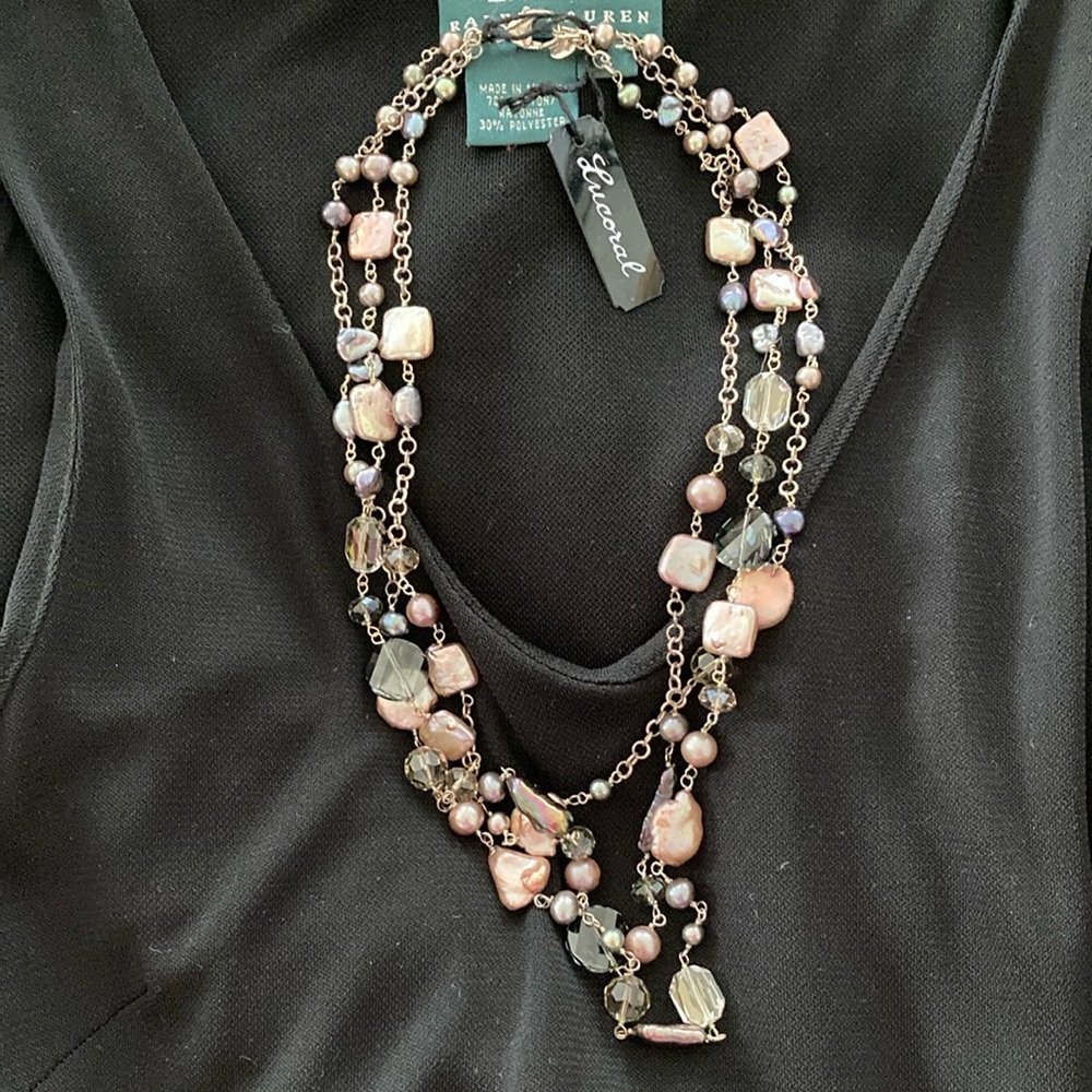 Lucoral genuine pearl and crystal tri chain necklace. Stunning w black or white.